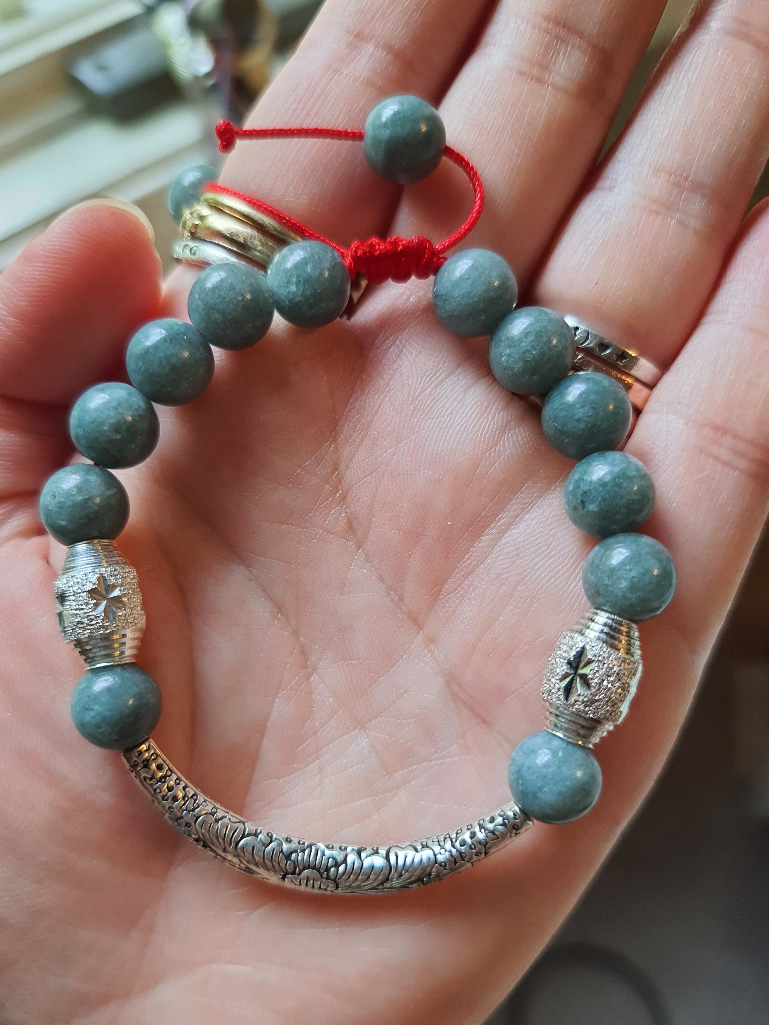 Sterling Silver Lotus Tube Lucky Chinese Red String Burmese Jadeite Jade Bracele